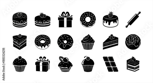 Delicious Baked Goods and Sweet Treats Silhouettes Cakes, Donuts, Cupcakes, and Confectionery Icons