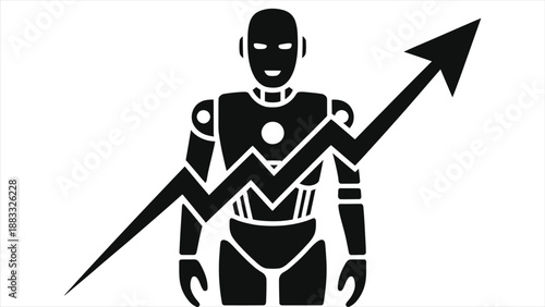 AI Finance Robot with Upward Growth Chart Glyph Vector. Artificial Intelligence Automated Fintech Trading Bot, AI Powered Investment Analytics Black Icon Illustration for Financial Data Analysis