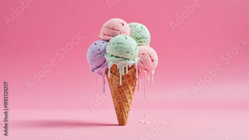 Whimsical 3D ice cream tree with waffle cone trunk on pink background
