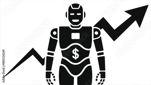 AI robot with rising financial chart icon, artificial intelligence finance growth analytics, machine learning investment success, fintech automation, stock market forecast, black white business vector