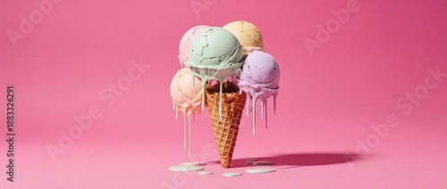 Whimsical 3D ice cream tree with waffle cone trunk on pink background