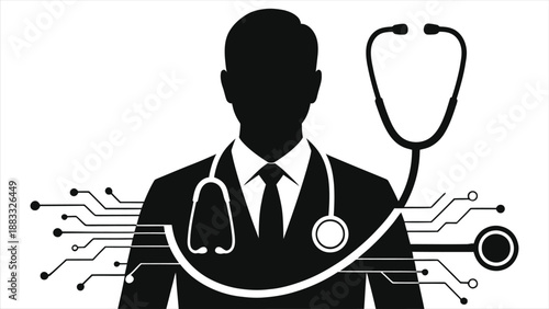 AI in Healthcare: Doctor Silhouette with Stethoscope & Digital Network Connections — Future Medicine, Medical Technology, Artificial Intelligence, Telemedicine, Smart Diagnostics, Health Innovation 