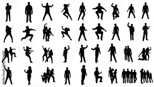 Collection of black human silhouettes in various poses isolated on white background