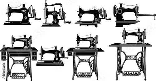 Vintage sewing machine silhouettes, antique tailor equipment collection, black vector illustration, fashion industry concept, isolated on white background set design