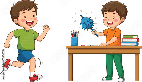 Kids Cleaning Classroom Illustration with Happy Children Running and Dusting Desk Flat Vector