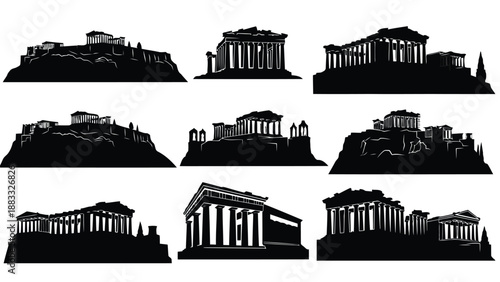 Collection of ancient Greek architecture silhouettes in black isolated on white background