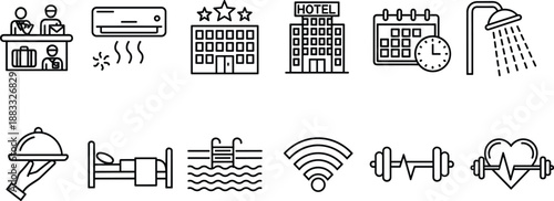Vector illustration of hotel amenities icons—symbols for hospitality, booking, comfort, travel, wellness, service, convenience, accommodation, guest experience, and facilities