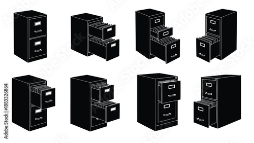 Eight isometric black file cabinet 3D renders with varying drawer configurations isolated on white background