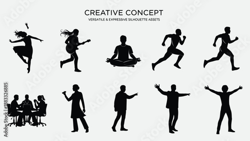 Black silhouette people various activities flat design isolated on white background
