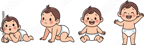 Baby Growth Stages Illustration Showing Infant Crawling, Sitting and Standing Development Milestones Flat Vector
