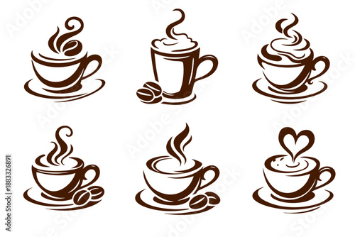 Monochrome coffee cup icon set with steaming mugs, espresso beans and latte art heart, vintage brown line vector illustration for cafe menus, labels, packaging, app icons and branding.