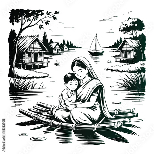 Mother and child embrace on bamboo raft by village huts and sailboat love