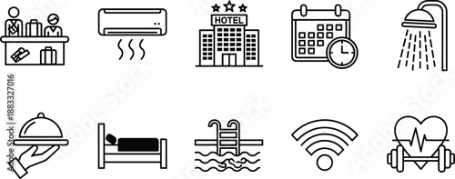 Vector illustration of hotel service icons—symbols for amenities, booking, comfort, hospitality, travel, accommodation, convenience, guest experience, and facilities