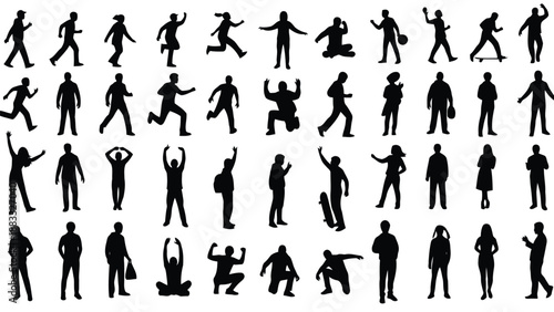 Collection of various black human silhouettes in different poses and actions isolated on white background
