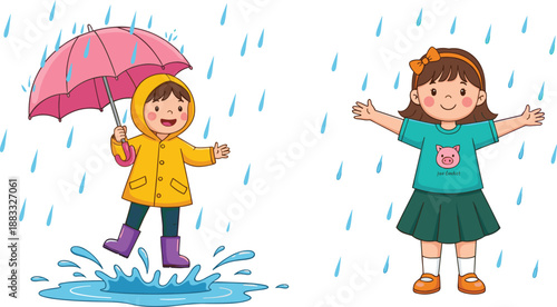Happy Kids Playing in Rain Illustration with Umbrella, Raincoat and Joyful Childhood Weather Fun Flat Vector