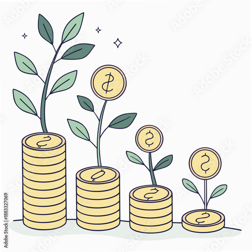 Financial progress showing evenly spaced stacks of coins with growing plants and dollar signs