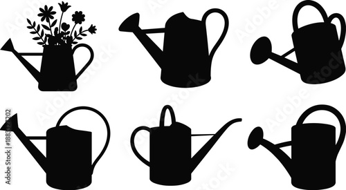 Watering can silhouettes set, garden tools collection, plant care equipment, flower watering design, black vector illustration, home gardening decor, isolated