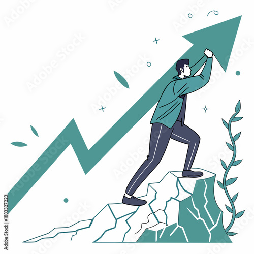 Man pushing large teal arrow upward from rocky cliff