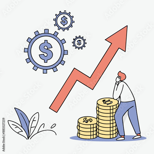 Man pushing coins with rising arrow and dollar sign gears