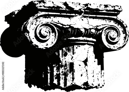 Ancient ionic column capital, classical greek architecture, ornamental spiral volutes detail
