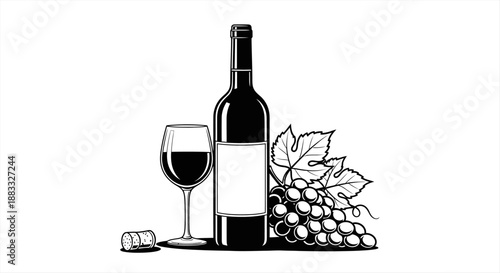 Wine bottle and glass with grapes and cork, a perfect depiction of wine culture