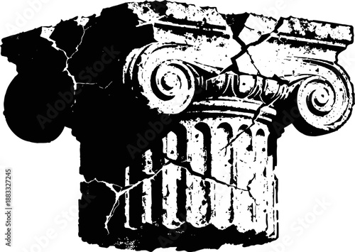Ancient cracked ionic column capital with volutes and fluted shaft design