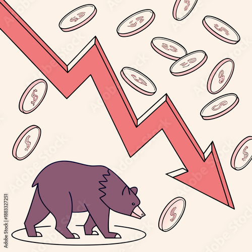 Bear standing under falling coins and downward red arrow