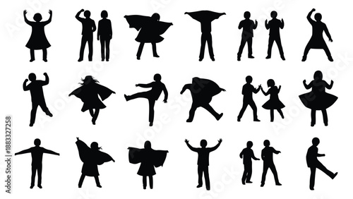 Collection of black silhouettes of people in various dance poses isolated on white background