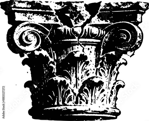 Ancient corinthian column capital with volutes and acanthus leaves in black and white