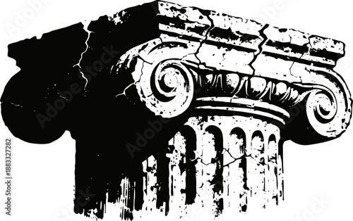 Ancient ionic column capital with fluted shaft and volutes in cracked weathered stone design