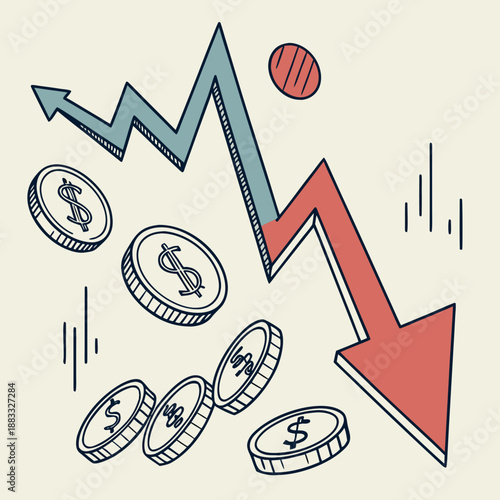 Stock market fluctuation with sharp arrows and coins