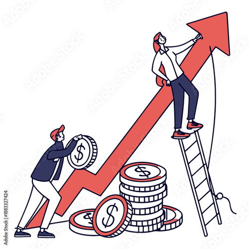 Of two businessmen pushing up a growing graph with coins
