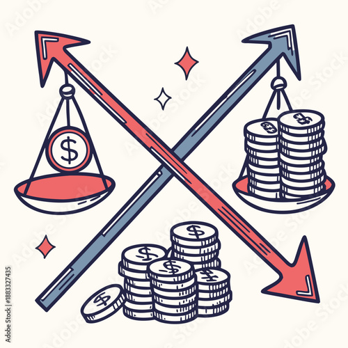 Economic comparison showing intersecting arrows and coins