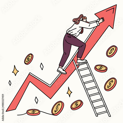 Woman climbing ladder on rising red arrow with coins