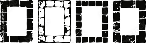 Four grunge black rectangle frames with distressed and cracked texture