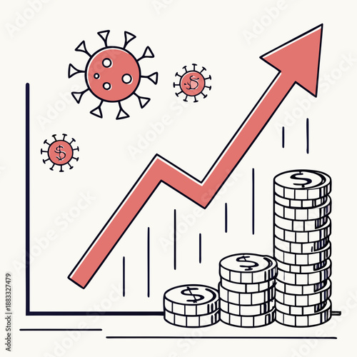 Rising arrow graph with coins and virus cells stock market