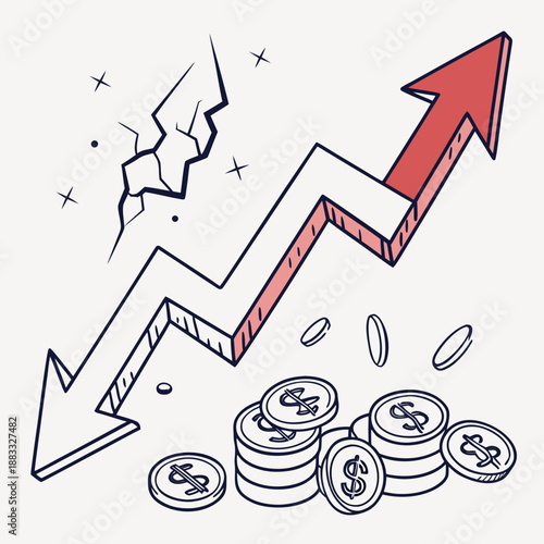 Financial struggle and success with broken graph and coins