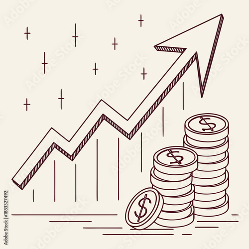 Rising arrow and stacked dollar coins on beige background with plus signs