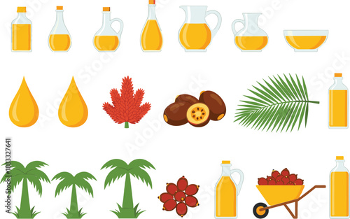 Palm oil production and tropical agriculture vector illustration set with bottles plants fruits and natural resources