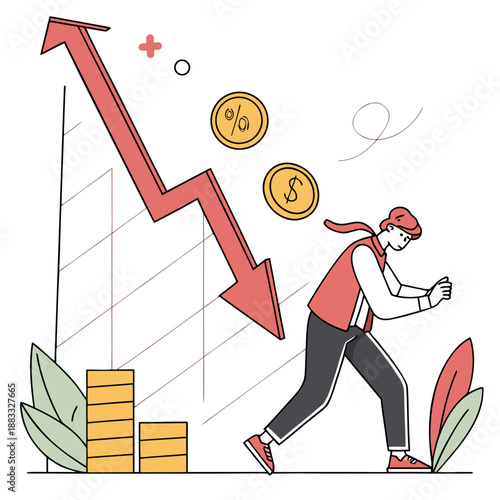 Of man running from falling market trend with coins and stacks of gold