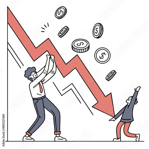 Of man and woman struggling with falling market trend and falling coins