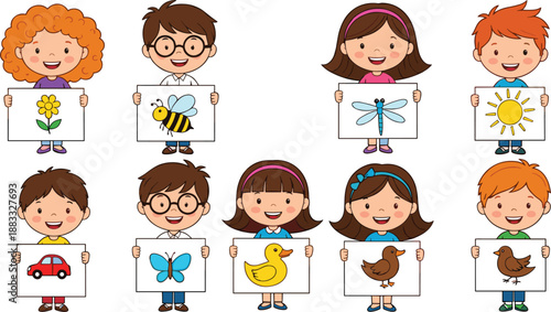 Cute Kids Holding Picture Cards Illustration Showing Learning Animals, Nature and Objects for Preschool Education Flat Vector
