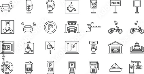 Vector illustration of parking and transport icons—symbols for mobility, signage, accessibility, urban infrastructure, navigation, payment, direction, and vehicle systems