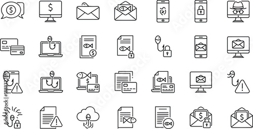 Vector illustration of phishing and cybersecurity icons—symbols for fraud, identity theft, data protection, online scams, alerts, and digital security awareness