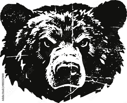 grizzly bear head illustration with fierce expression in black and white