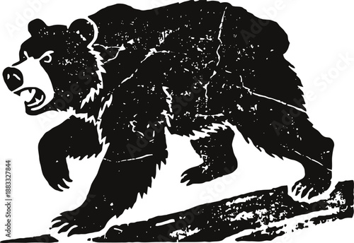 Angry grizzly bear walking on log silhouette with distressed texture design