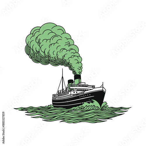 Vintage steamship sailing the ocean with billowing green smoke, a classic illustration.