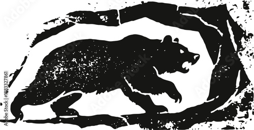 primitive silhouette of a bear in a cave painting with rough edges and textured details