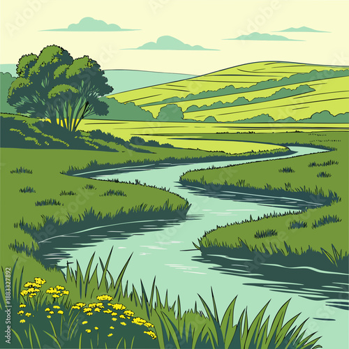 Serene countryside river landscape with lush green grass and yellow flowers