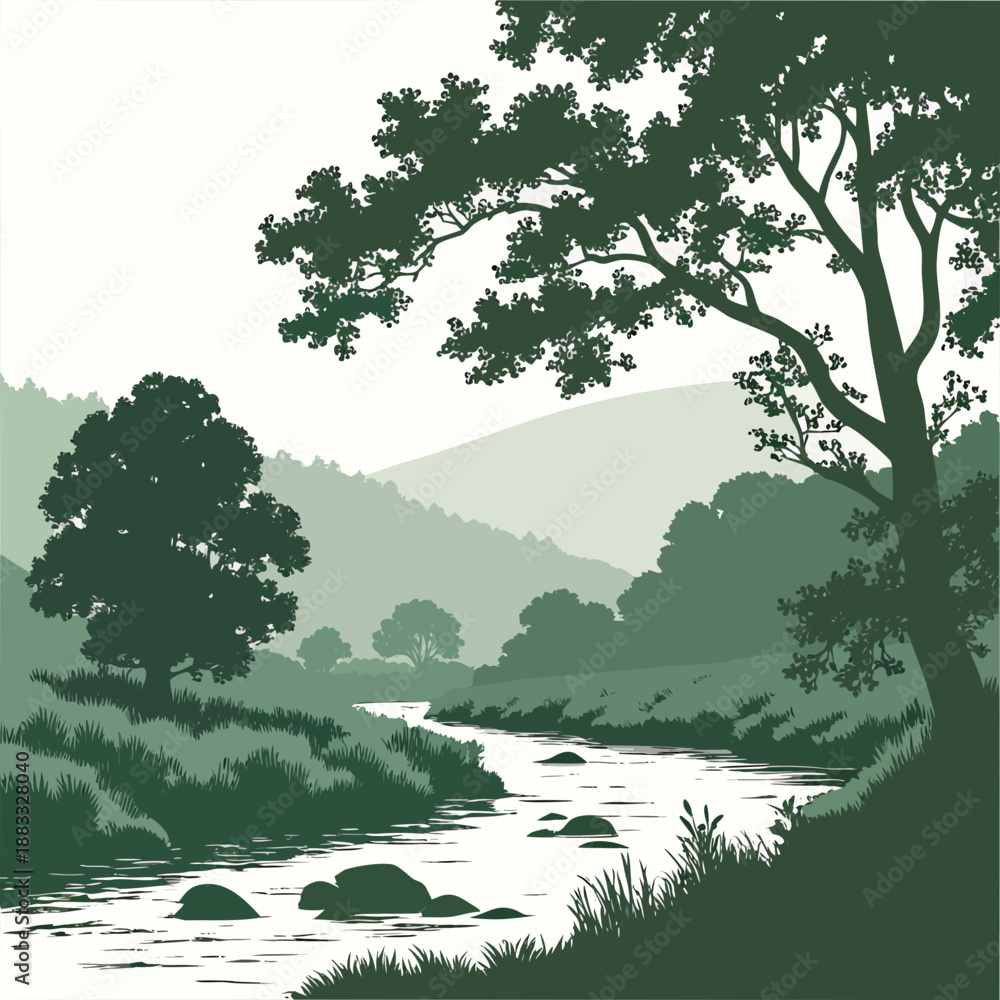 Fototapeta premium Serene nature valley with river and greenery tree